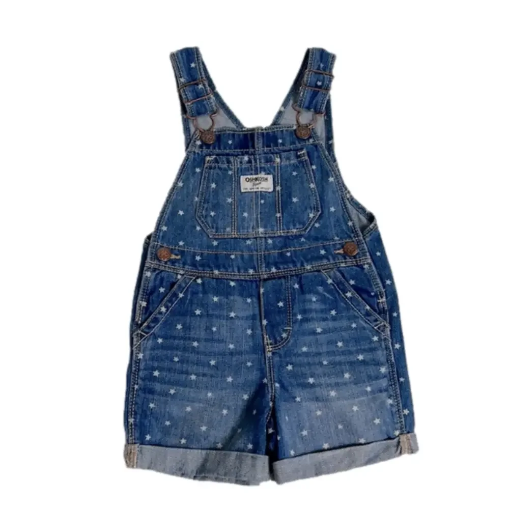 Oshkosh B’gosh Kid’s Blue Denim with White Stars Overall Shorts Shortalls -Sz 2T